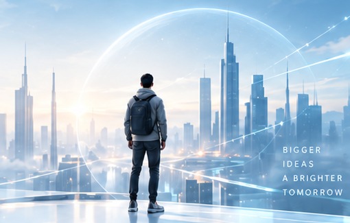 A person looking toward a futuristic city skyline
